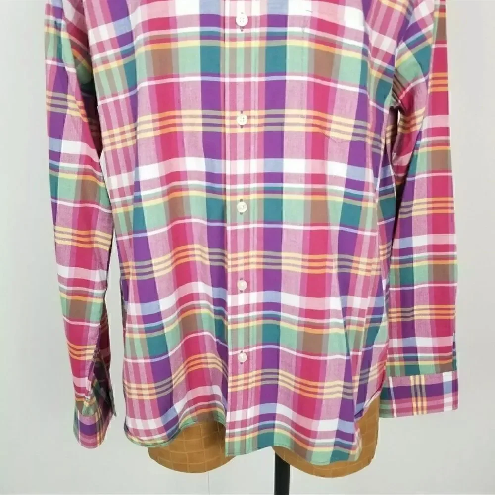 J. Crew Size XL Slim Fit Summer Plaid Button Down Shirt Pink Purple Green Blue